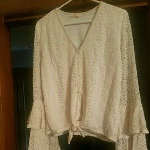 Hummingbird tie front lace bell sleeve top